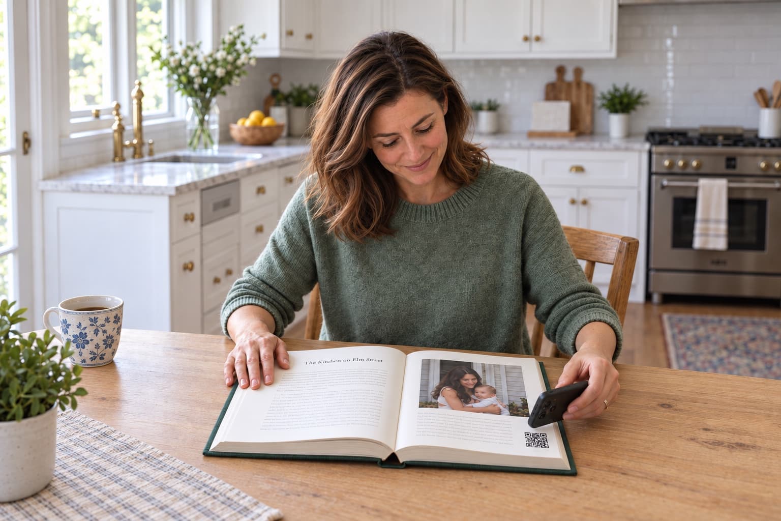 A woman at her kitchen table holding her phone over the code on a page of her mother's book