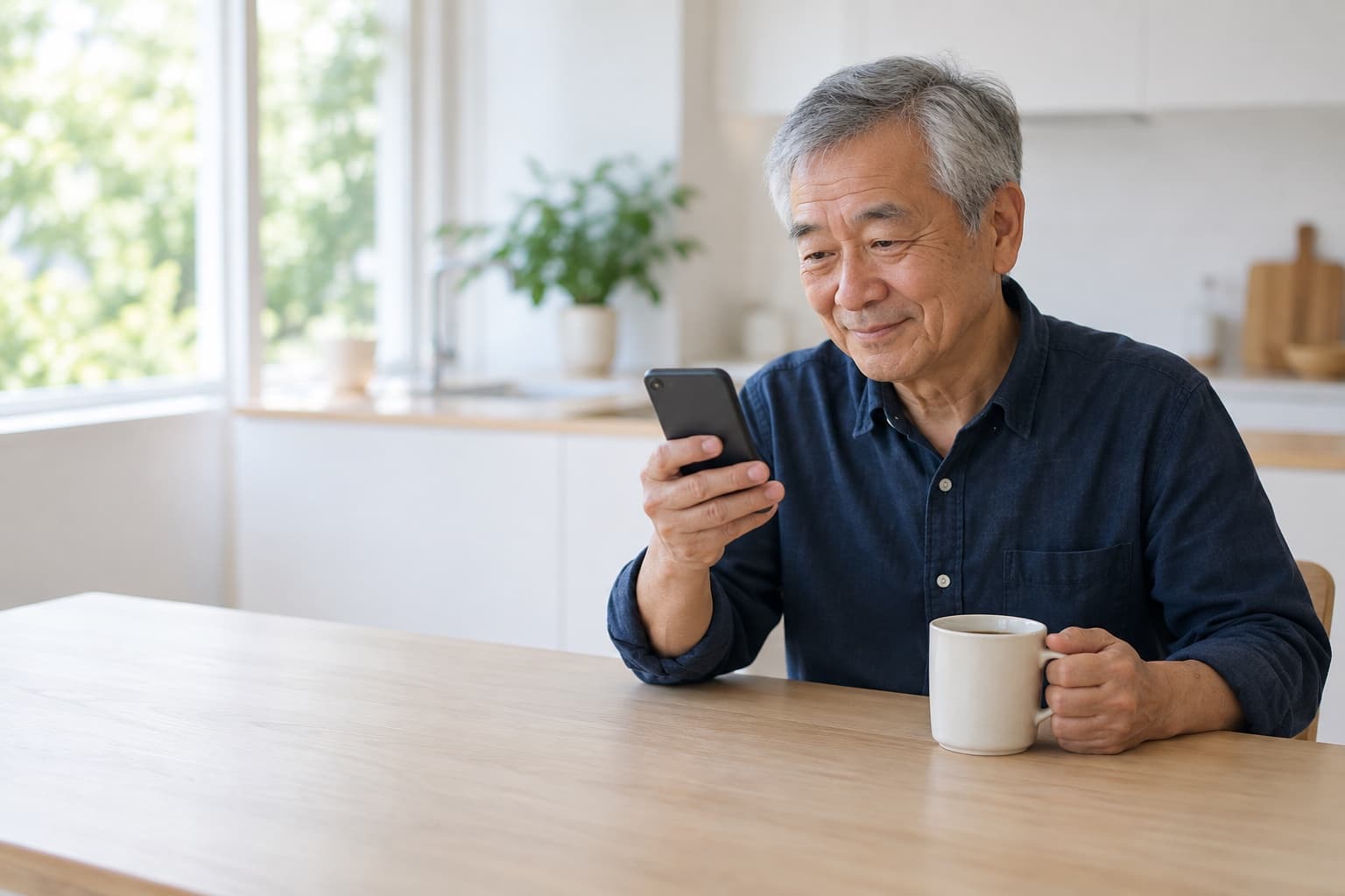 A man at his kitchen table with a coffee, smiling at a question on his phone
